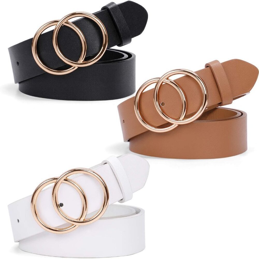 Women Leather Belt Faux Leather Double O-Ring Waist Belt for Jeans Dress